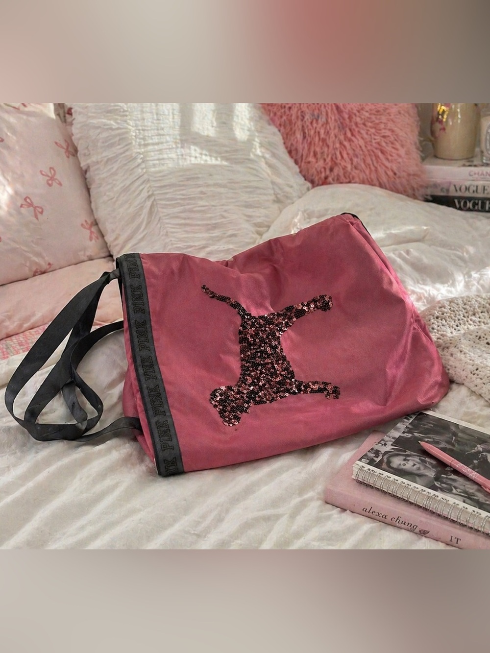 Victoria’s Secret PINK Tote Bag Sequin Dog Large Pink Shoulder Bag Y2K NWOT